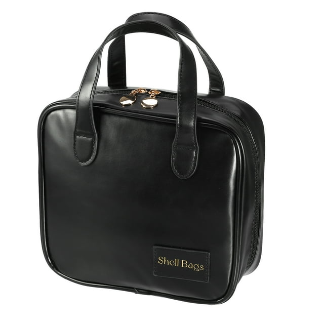 Bolsa de cosméticos de mano, bolsa de maquillaje portátil, bolsa de maquillaje de gran capacidad, bolsa de almacenamiento negra con asa