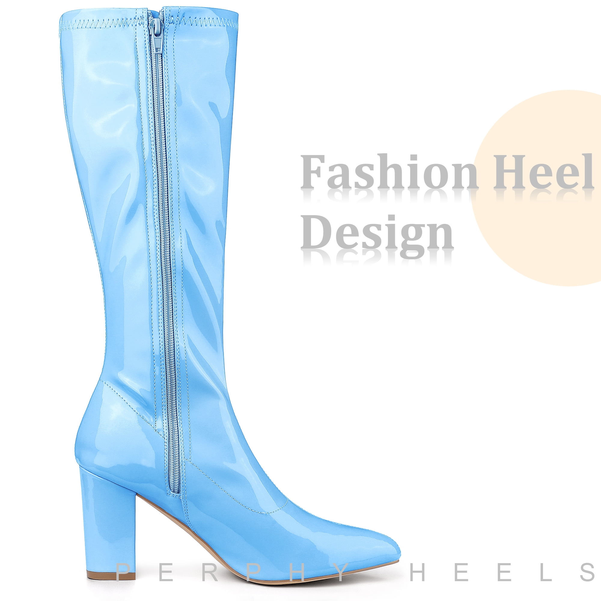 DARING DIVA Women's Go Go Boot Patent Leather Chunky Heels Knee High Boots Sky Blue 7