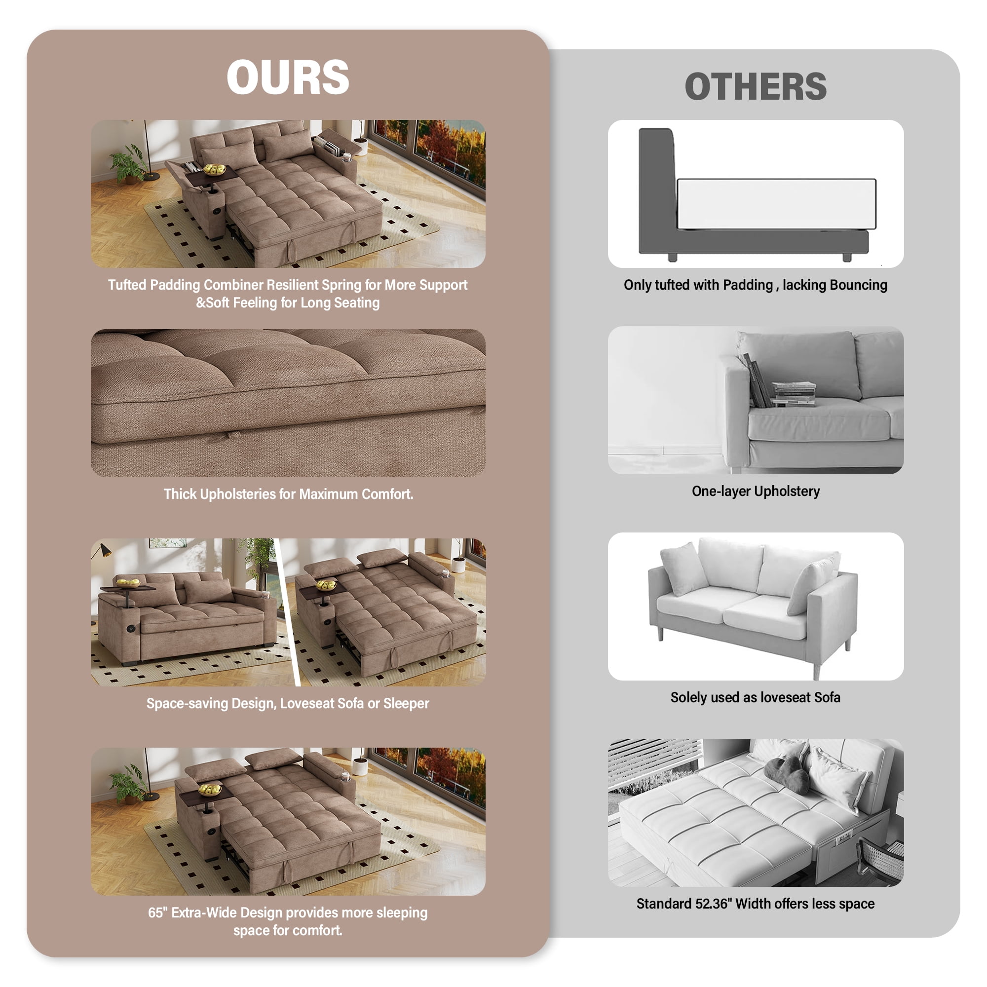 Aukfa 65"W Convertible 3-in-1 Sofa Bed with Storage, Queen Chenille Sleeper Couch with USB/Type-C Ports & Rotating Side Table,khaki