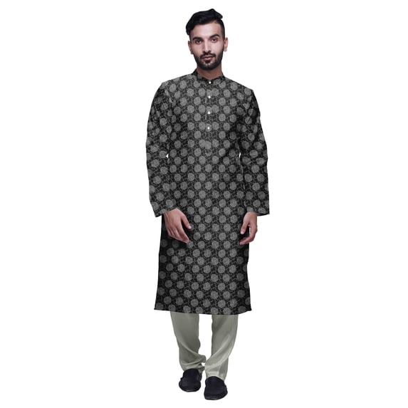 Atasi Button Placket Satin Slub Printed Mens Kurta With Churidar Kurta