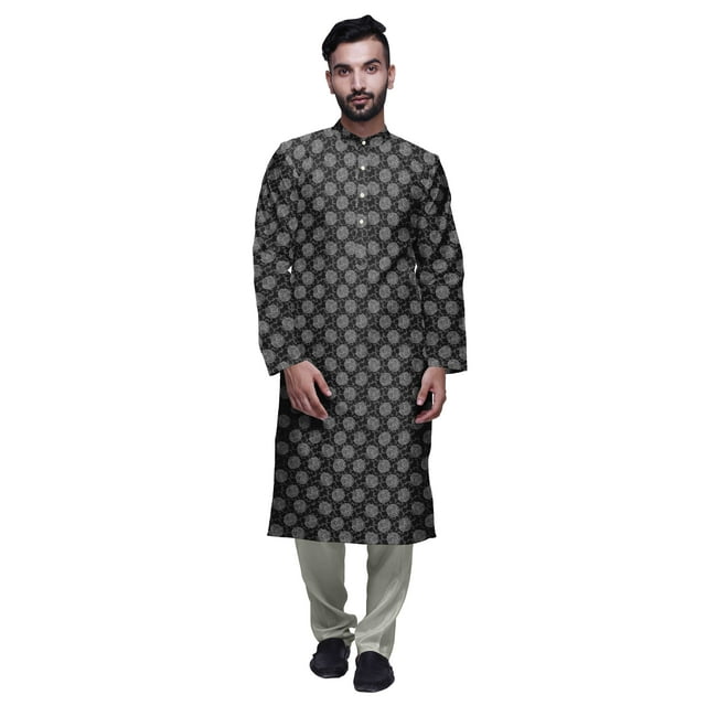 Atasi Ensemble Kurta Traditionnelle en Satin Imprimé Col Mandarin pour Hommes