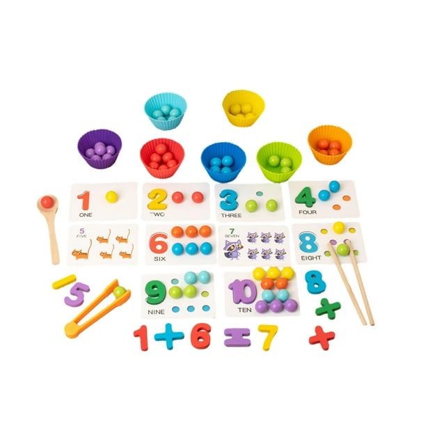Juego de cuentas con clip, juego de contar y combinar, bolas de madera de arcoíris en tazas, juguetes de clasificación de colores del arcoíris para