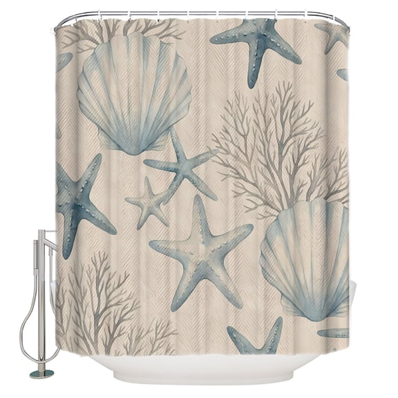 Blue Coastal Bathroom Shower Curtains with 12 Hooks Waterproof Shower Curtain for Stalls and Bathtubs Summer Ocean Starafish Shell Corals Beige Decorative Bathroom Privacy Curtain 72x96 Inches