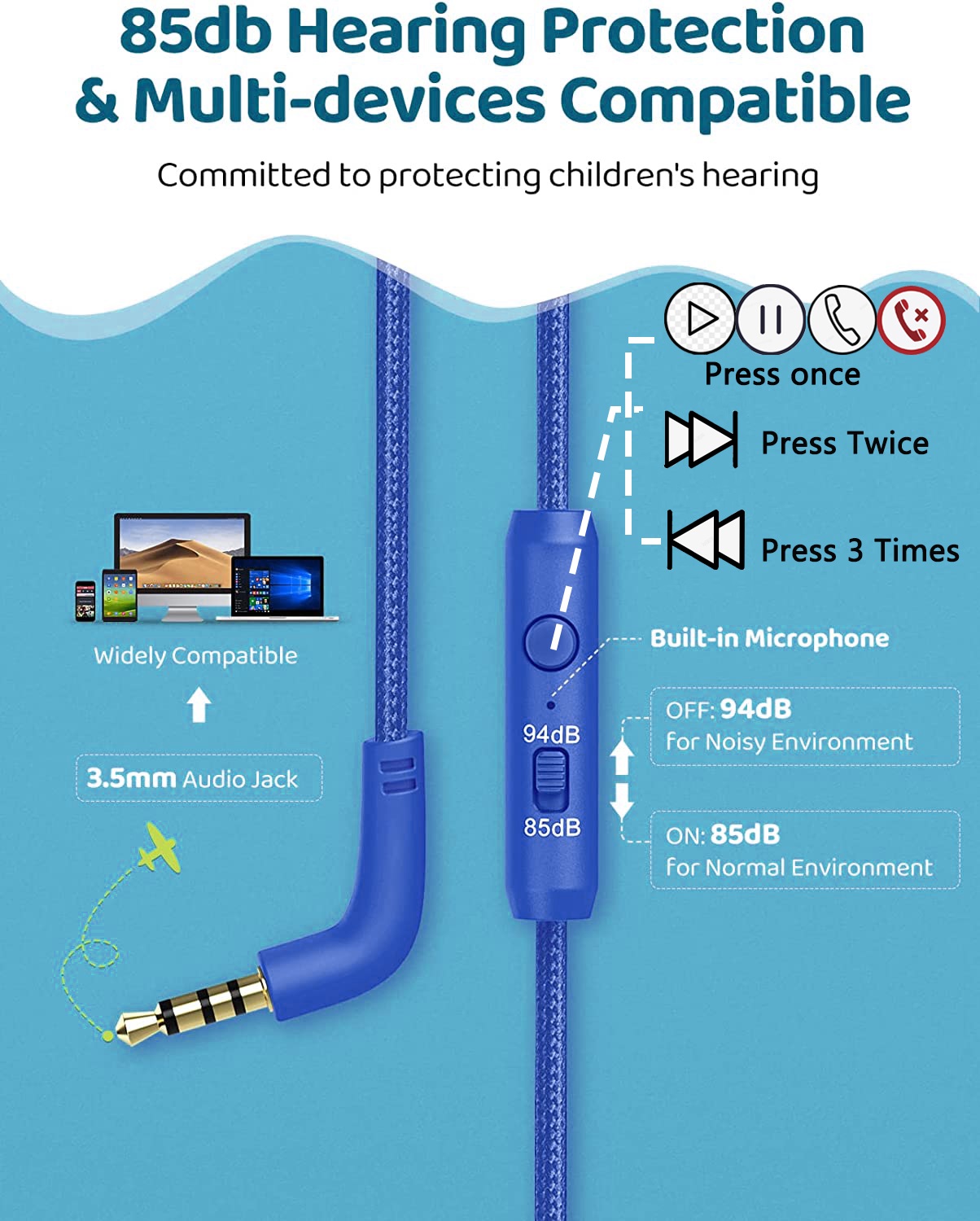Mpow CH6S Kids Headphones with Microphone, Blue photo 3