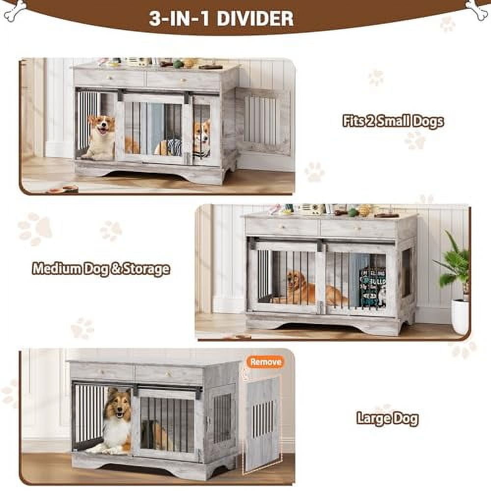 Ataucjin 47" Dog Crate Furniture with Storage Drawers & Removable Divider，Stylish Kennel for Large, Medium & Small Dogs