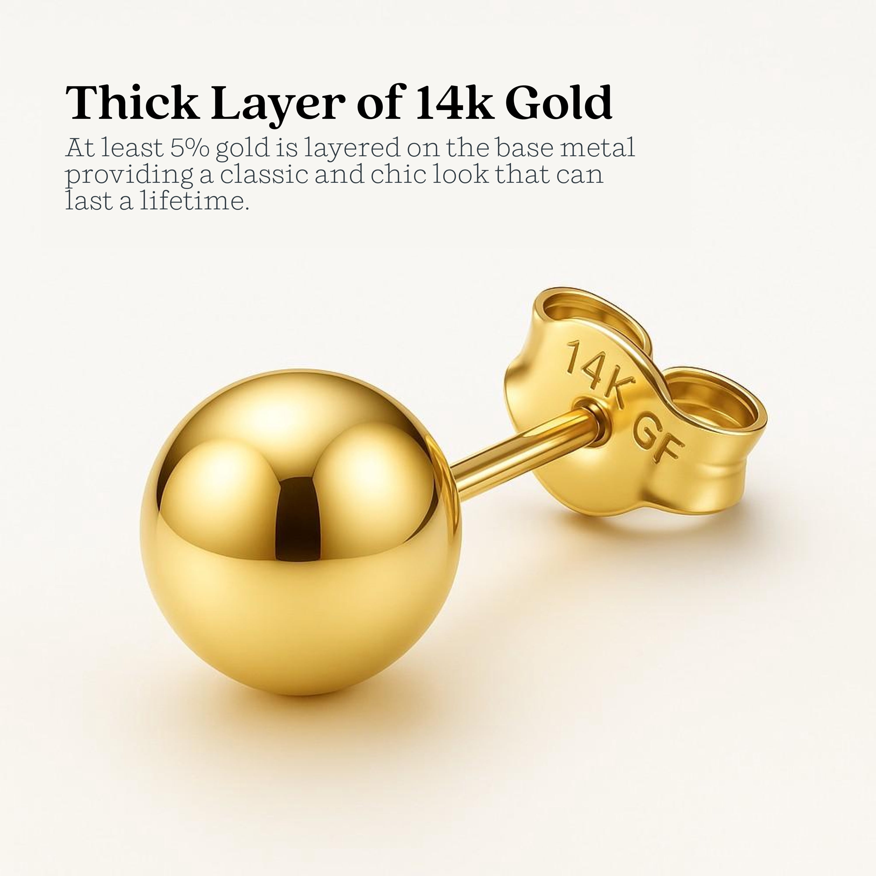 Kezef Women's 14K Gold Filled Stud Earrings, Set of 3 Real Filled Gold, 3mm to 5mm