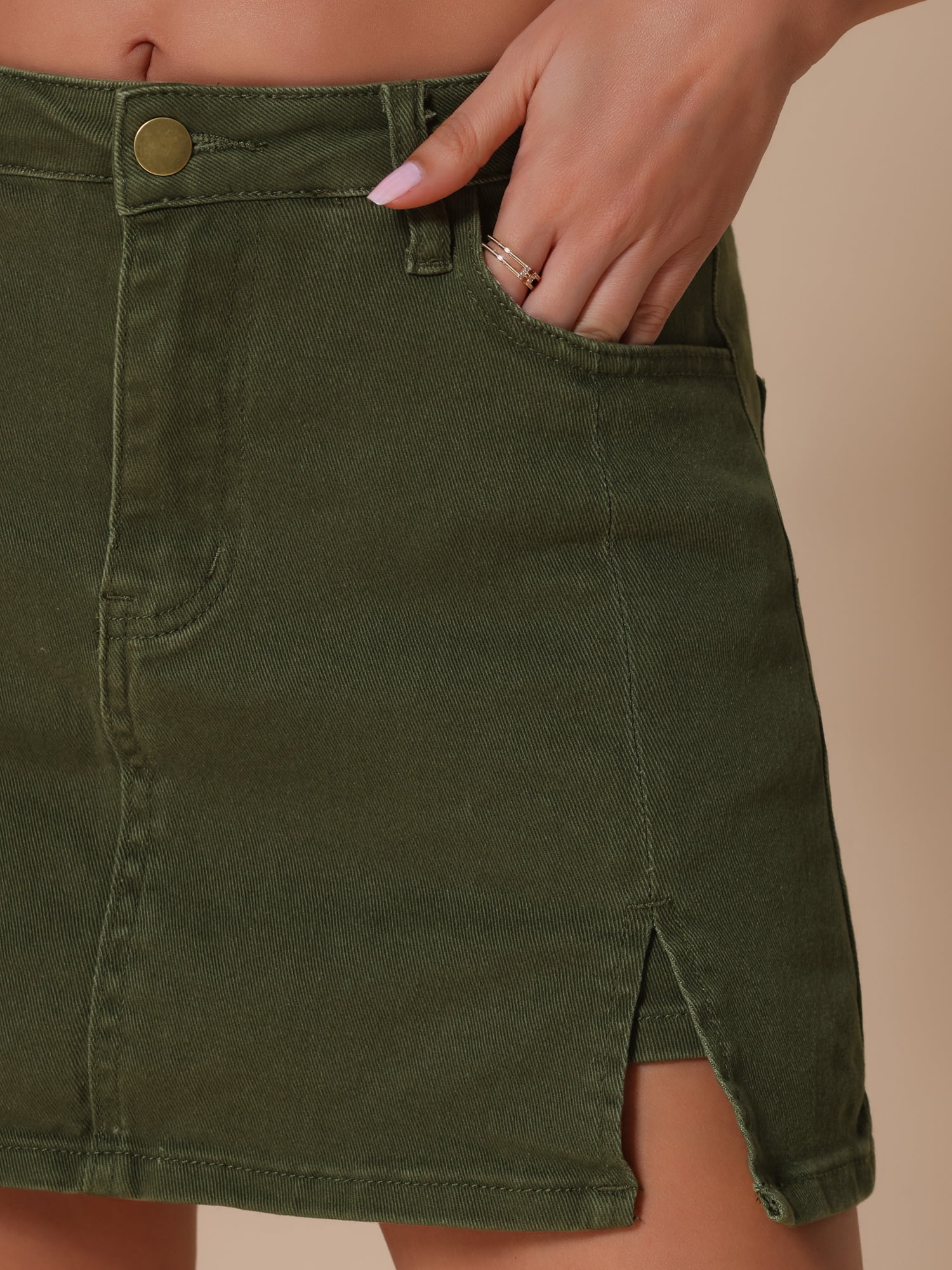 DARING DIVA Women's High Waisted A Line Stretchy Side Slit Mini Denim Skirt S Army Green