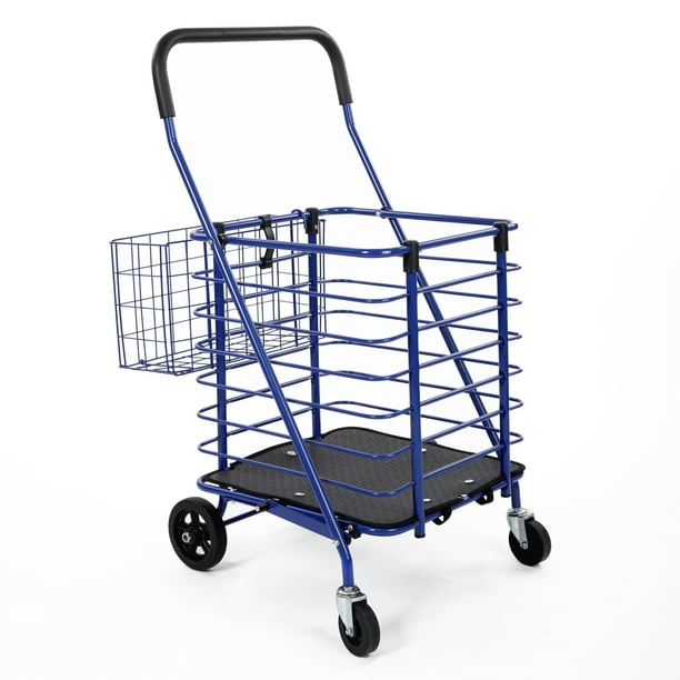 Folding Rolling Steel Wire Basket Trolley Grocery Shopping Cart, Blue