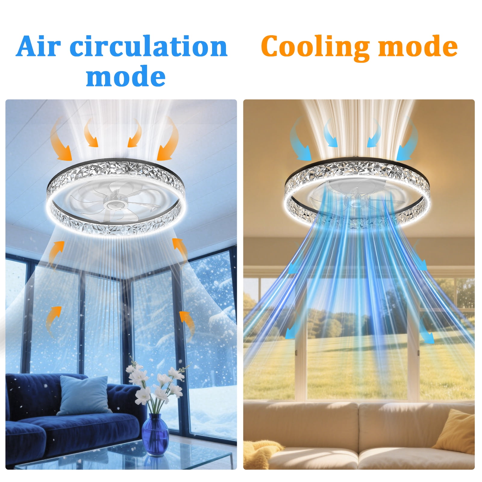Heystop Ceiling fan with light, 3-color adjustable LED, 6-speed wind speed, remote control or APP control, bi-directional conversion motor, suitable for living room bedroom decoration