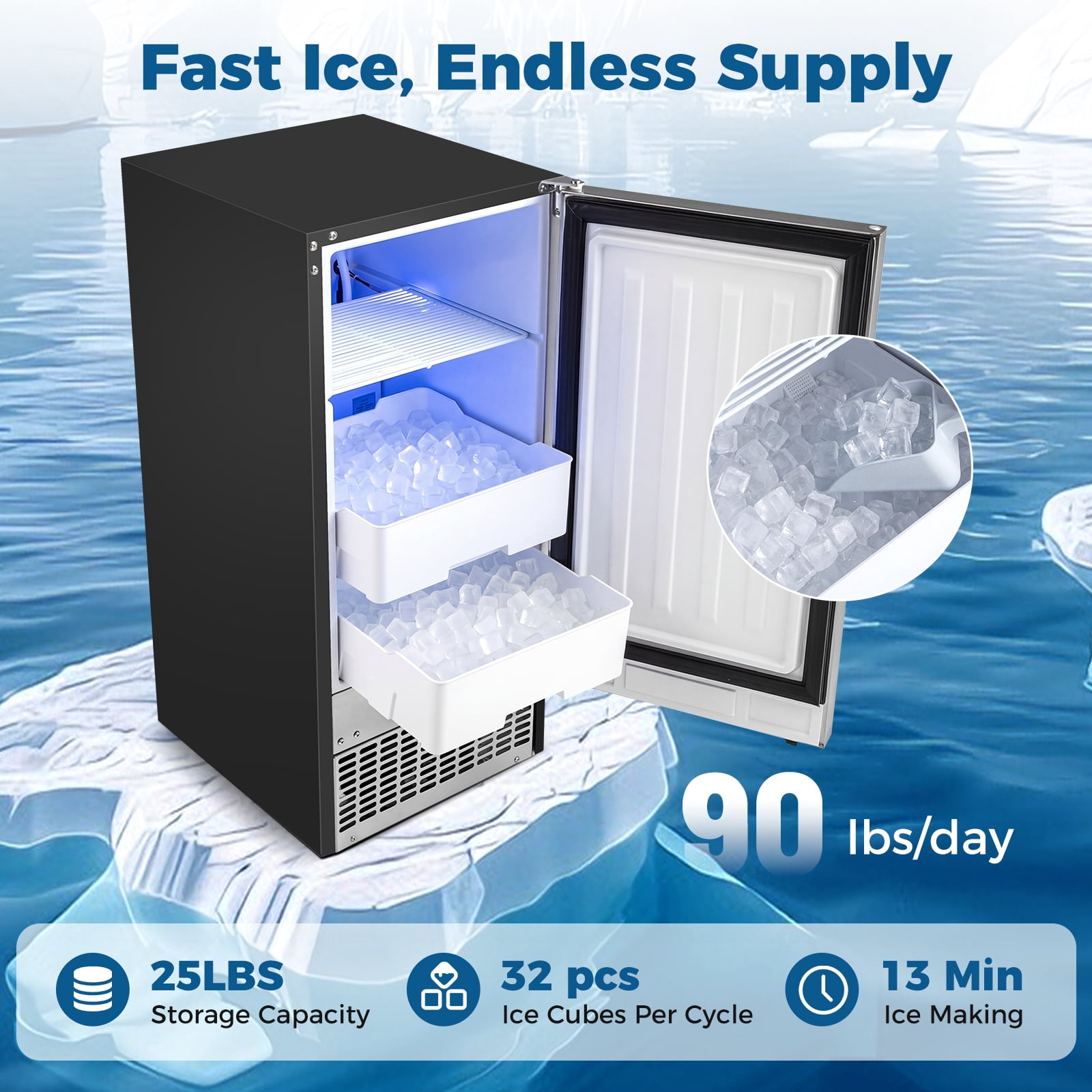 Costway Ice Maker 90 lbs/Day, 25 lbs Storage, 15” W Built-in Freestanding Ice Making Silver+Black