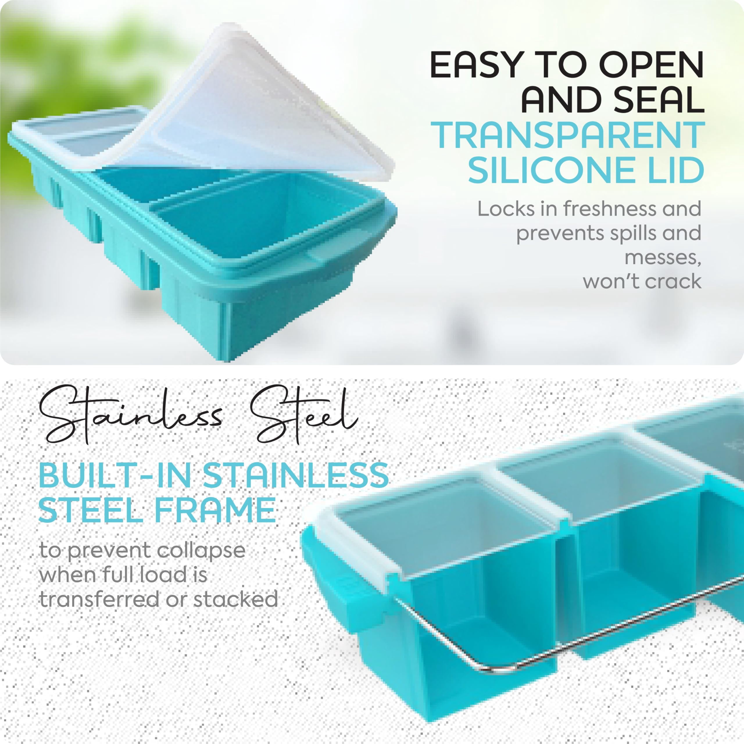 Silicone Freezer Tray With Lid - Soup Container Molds Large Ice Cube Tray- Makes 8 1 Cup Portions Cubes  2-pack Storage Food Soups & Meal Prep Oven Dishwasher -safe
