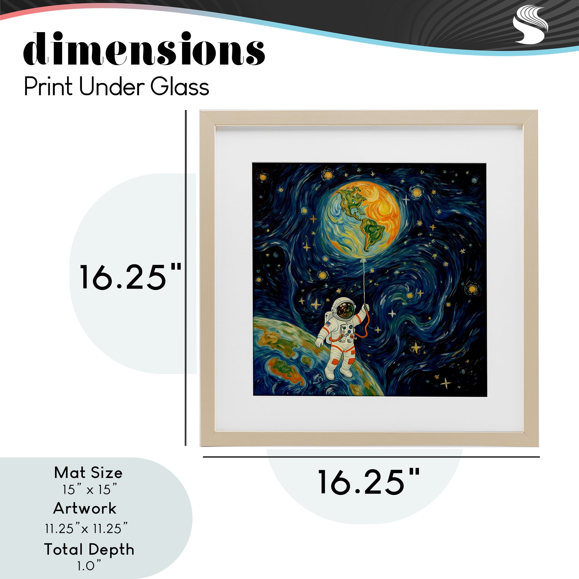 Astronaut with Earth Balloon Birch Framed Print Under Glass, design by Angie Hawke