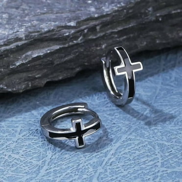 HOOUN Mens Small Black Cross Huggie Hoop Earrings Surgical Steel Gothic Punk Jewelry