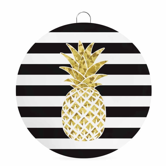 Welcome Sign for Front Door,Pineapple Round Metal Welcome Front Porch Decoration,Modern Abstract Fruits Black White Stripe Wall Hanging Sign for Living Room Kitchen Hallway Housewarming Gift 8''