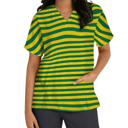 

Akklian Summer Savings Clearance Scrubs for Women V-Neck Short Sleeve Scrubs Top Working Uniform Stripe Print With Three Pockets Blouse