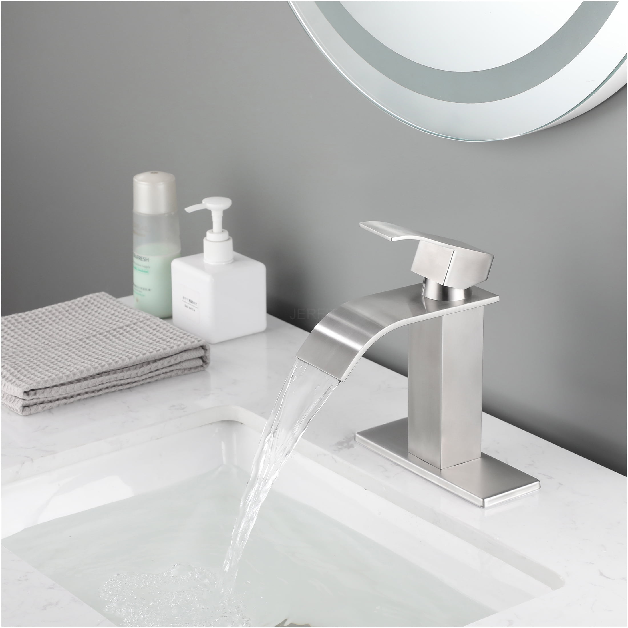 JERFIT Single Handle Waterfall Bathroom Sink Faucet in Brushed Nickel, Modern Vanity Faucet with Easy Installation and Durable Stainless Steel Build
