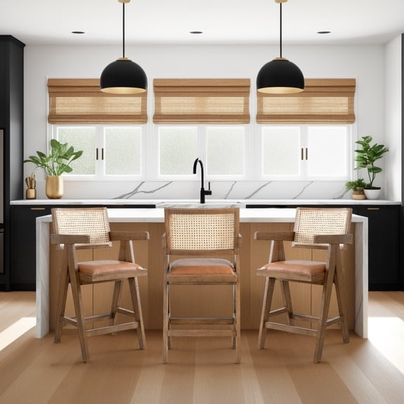 Harley Nutmeg Brown Solid Wood and Rattan Upholstered 26" Counter Height Barstool with Red/Brown Faux Leather Seat