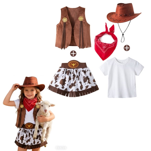 Cowboy Girls 5 Piece Outfit Short Sleeve Tees Sleeveless Cardigan Vest with Denim Skirt Hat Western Kids Clothes Set Brick Red1 Size 3-4 Y