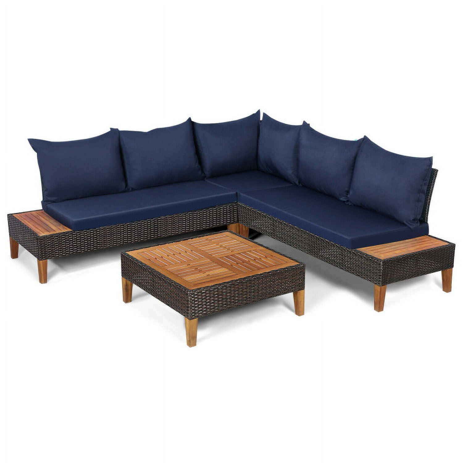 Aimee Lii 4 Pieces Patio Cushioned Rattan Furniture Set with Wooden Side Table, Outdoor Patio Set, Navy Aimee Lii 4 Pieces Patio Cushioned Rattan Furniture Set with Wooden Side Table, Outdoor Patio Set, Navy