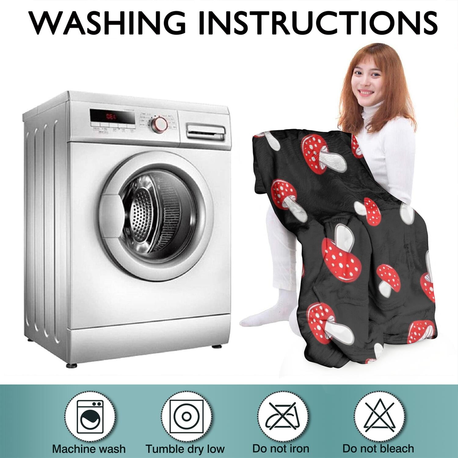 Red Mushroom Polka Dot Black Pattern Wearable Oversized Blanket,Wearable Blanket Hoodie for Adults,Cozy Hooded Blankets with Super Pockets,Super Warm Fuzzy Pullover for Women & Men