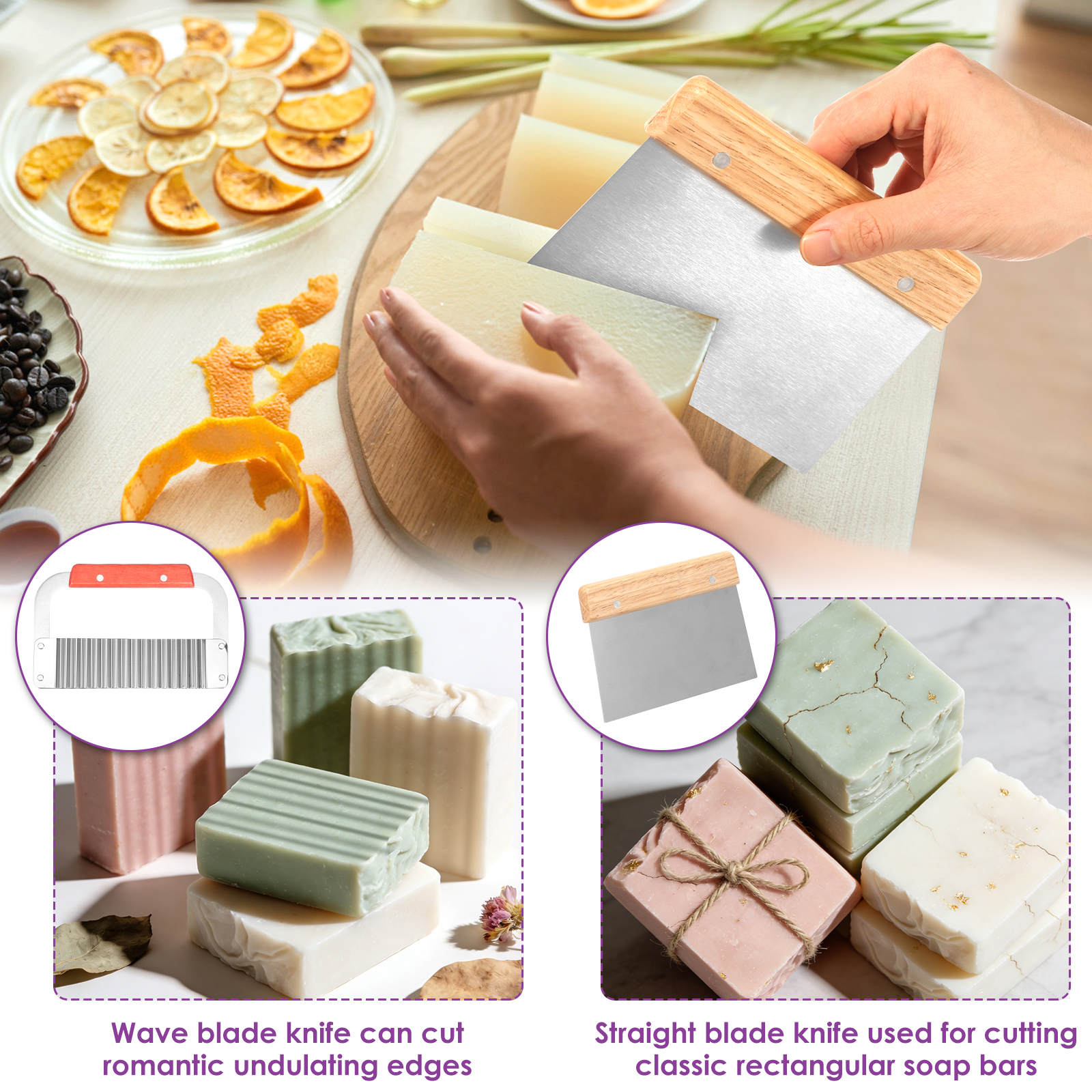 NUAHRHY 2 Pcs Soap Mold Making Kit with Cutters, 40.58oz Rectangular Silicone Loaf Soap Mold with Wooden Box, Stainless Steel Wavy & Straight Scraper for Homemade Craft Soap Making Supplies