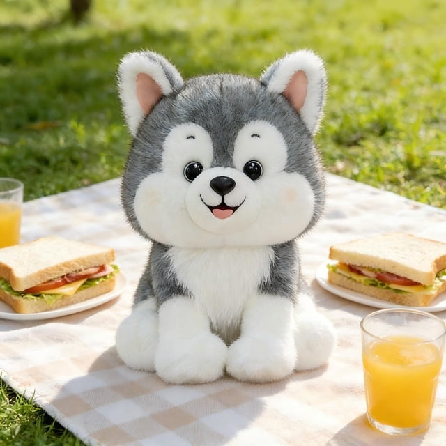 Peluche de perro husky siberiano sentado realista | Peluche suave y realista con ojos azules | Adorable compañero de abrazos para niños | Regalo de cumpleaños para amantes de los perros | Decoración