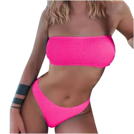 Womens Tube Top Textured High Waist Two Piece Swimsuit Bandeau Bikini Set Push Up Bathing Suits Swimsuit Hot Pink S