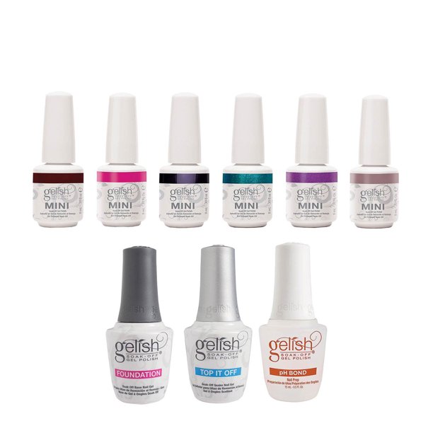 Gelish Mini Essentials & Colors Soak Off Gel Nail Polish Kit Bottles (9