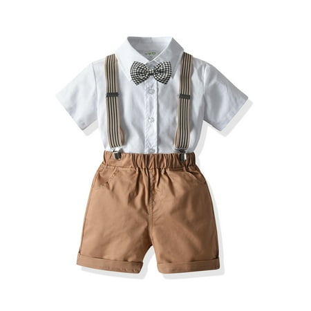 

CenturyX Gentlemen Boy 4Pcs Set Lapel Neck Button Down Short Sleeve Solid Color Shirt Elastic Waist Shorts Matching Suspender Bow Tie Khaki 2-3 Years