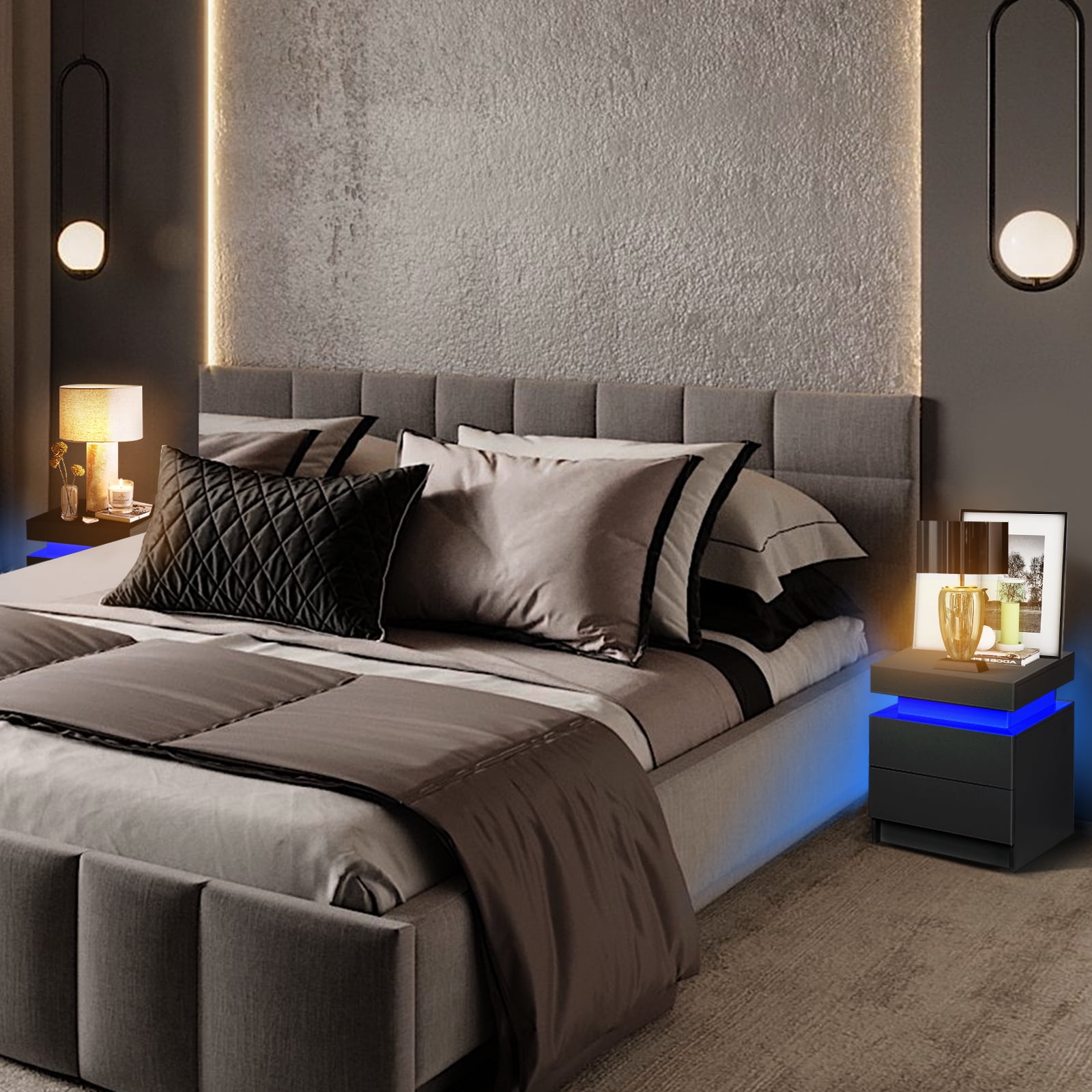 Hommpa Modern LED Nightstand with 2 Drawers High Gloss Led Light Bedside Table Storage Black Night Table with Lights End Side Table with Drawer for Bedroom 20.5" Tall
