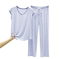 thumbnail image 6 of Binmer Women's Striped 2 Piece Pajama Set ,Cap Sleeve Scoop Neck Top and Wide Leg Long Pants Blue,L, 6 of 6