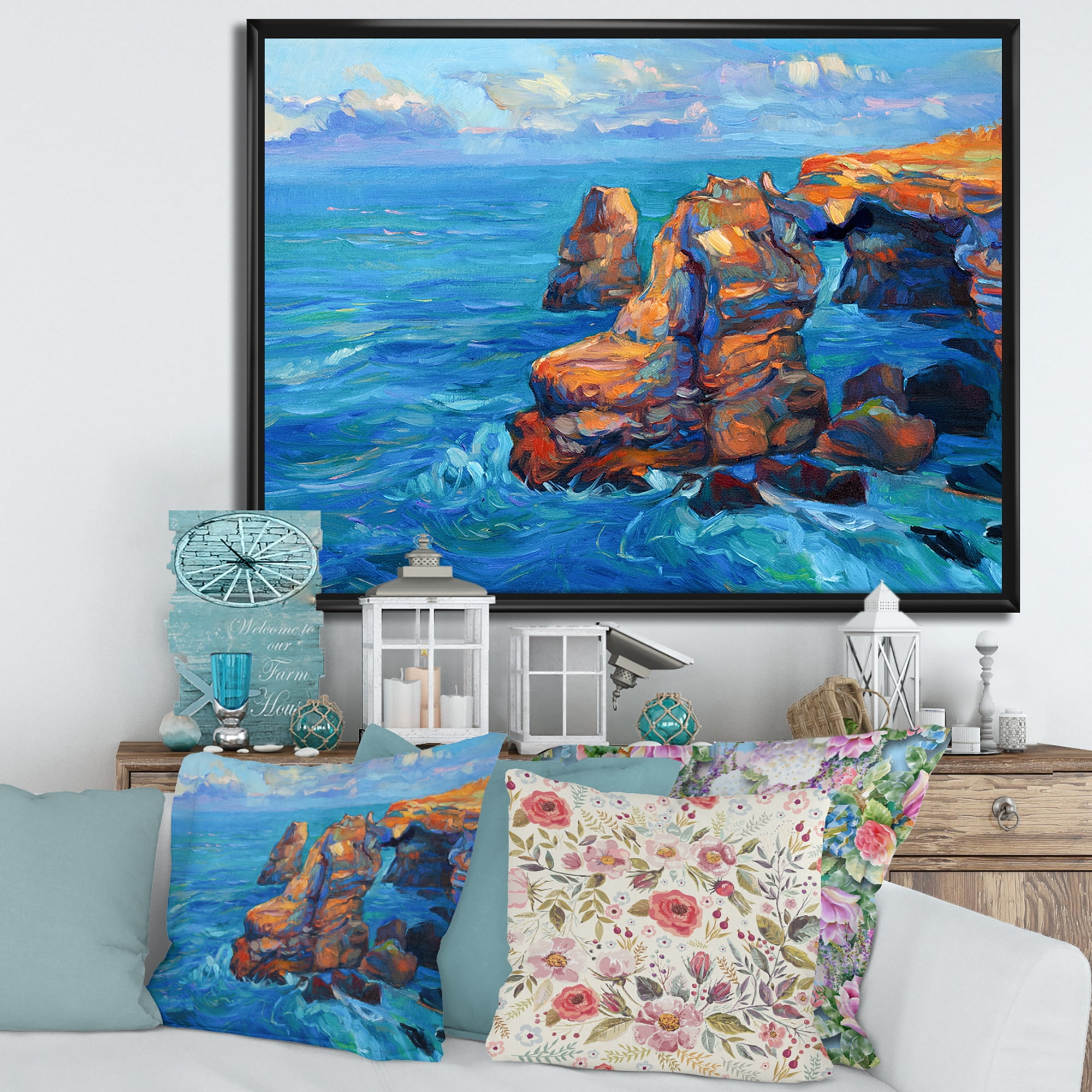 Designart 'The Blue Ocean By Rocky Cliffs' Nautical & Coastal Framed Canvas Wall Art Print