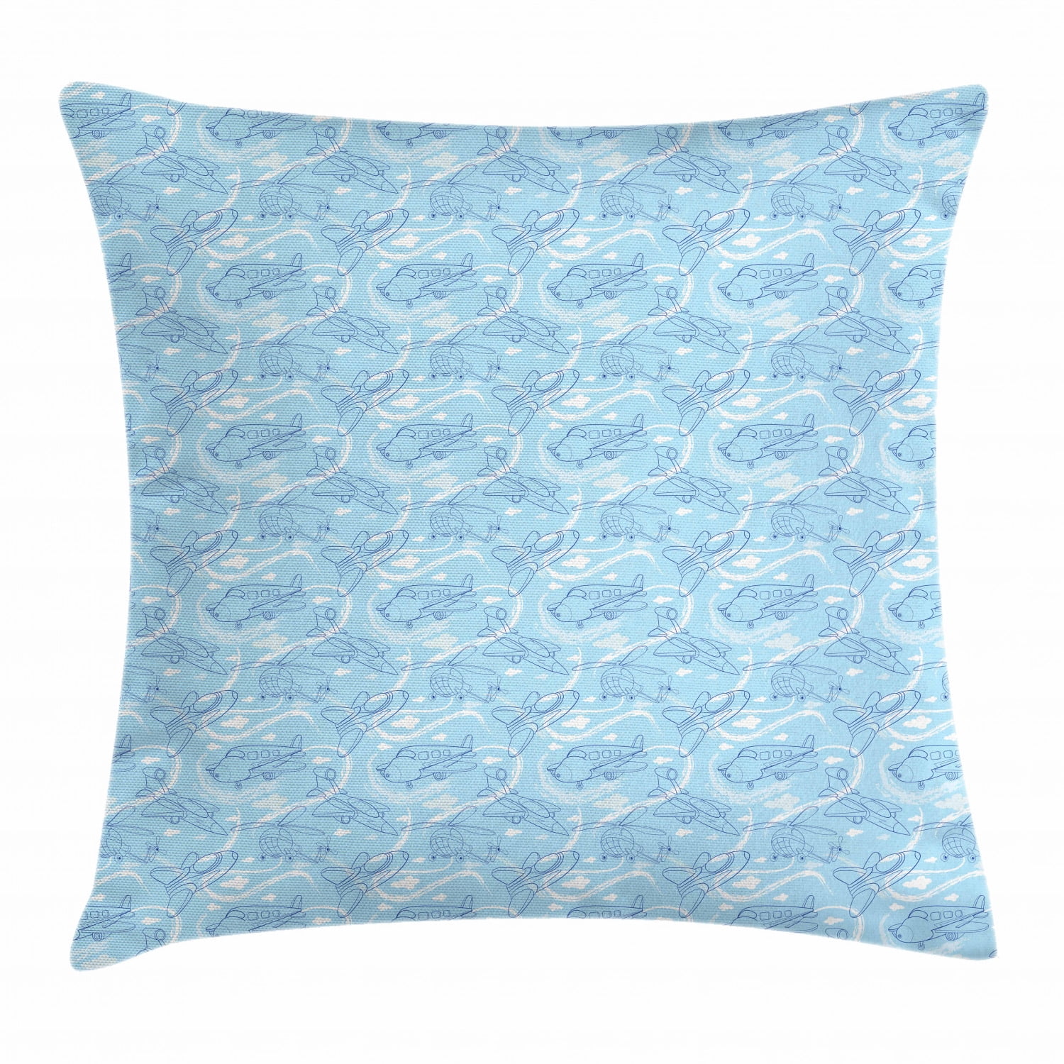 Nursery Airplane Throw Pillow Cushion Cover, Blue Background with Cloudy Sky Pattern Plane