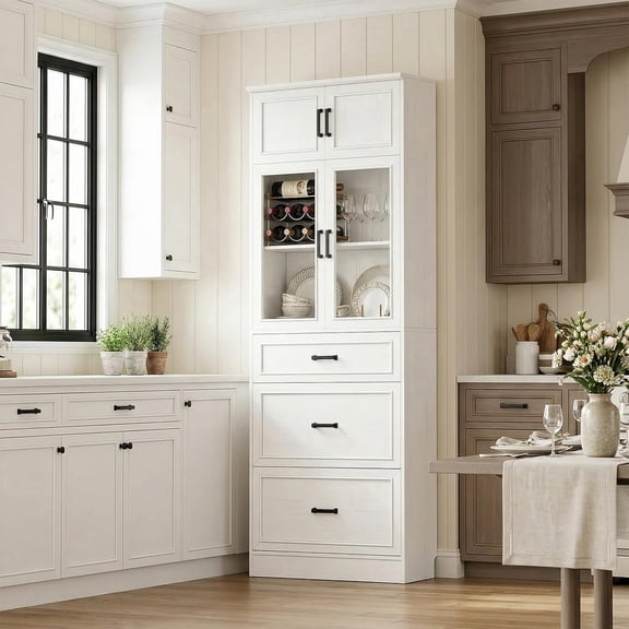 Homieasy 80" Tall White Kitchen Pantry Cabinet with Glass Doors, 3 Drawers & Adjustable Shelves - Versatile Storage Cupboard for Kitchen, Dining, Living Room, Bathroom