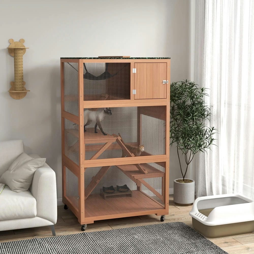 Spaco Cage, Outdoor Cat Enclosure House on Wheels with Hammock, Orange