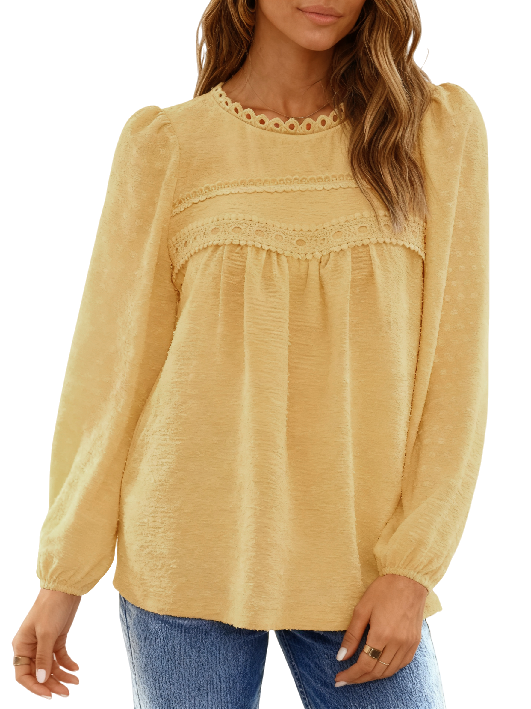 UVN Women's Fall Lace Crochet Crew Neck Blouse, Yellow photo 2