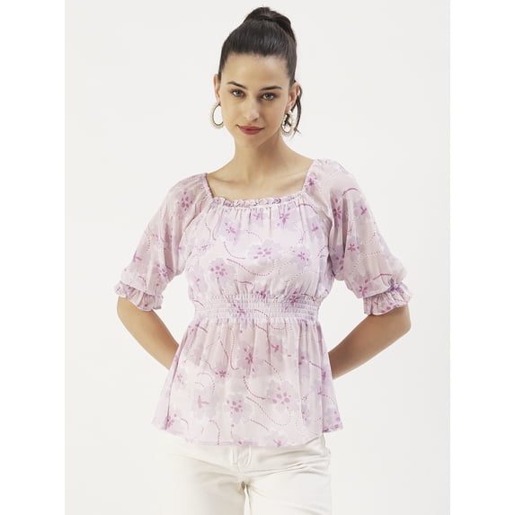 DressBerry Women's Printed Poly Georgette Square Neck Top 3/4th Ruffle Puffed Sleeves Flared Hem Smocked Casual Summer Wear Waist Length Regular Top