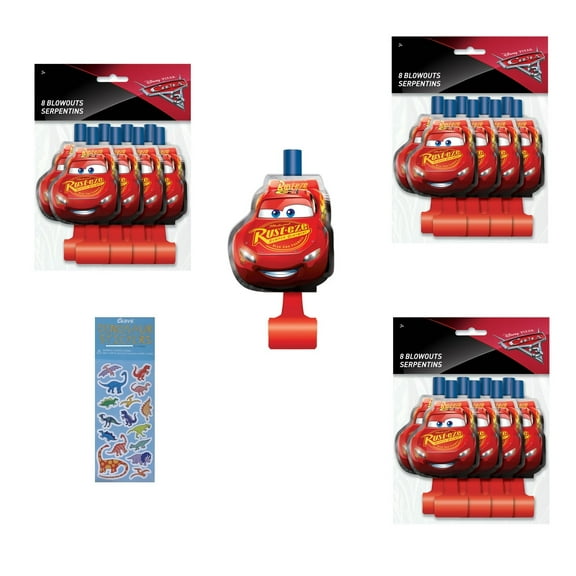 Disney Cars Birthday Party Supplies Bundle includes 24 Party Blowouts and 1 Dinosaur Sticker Sheet