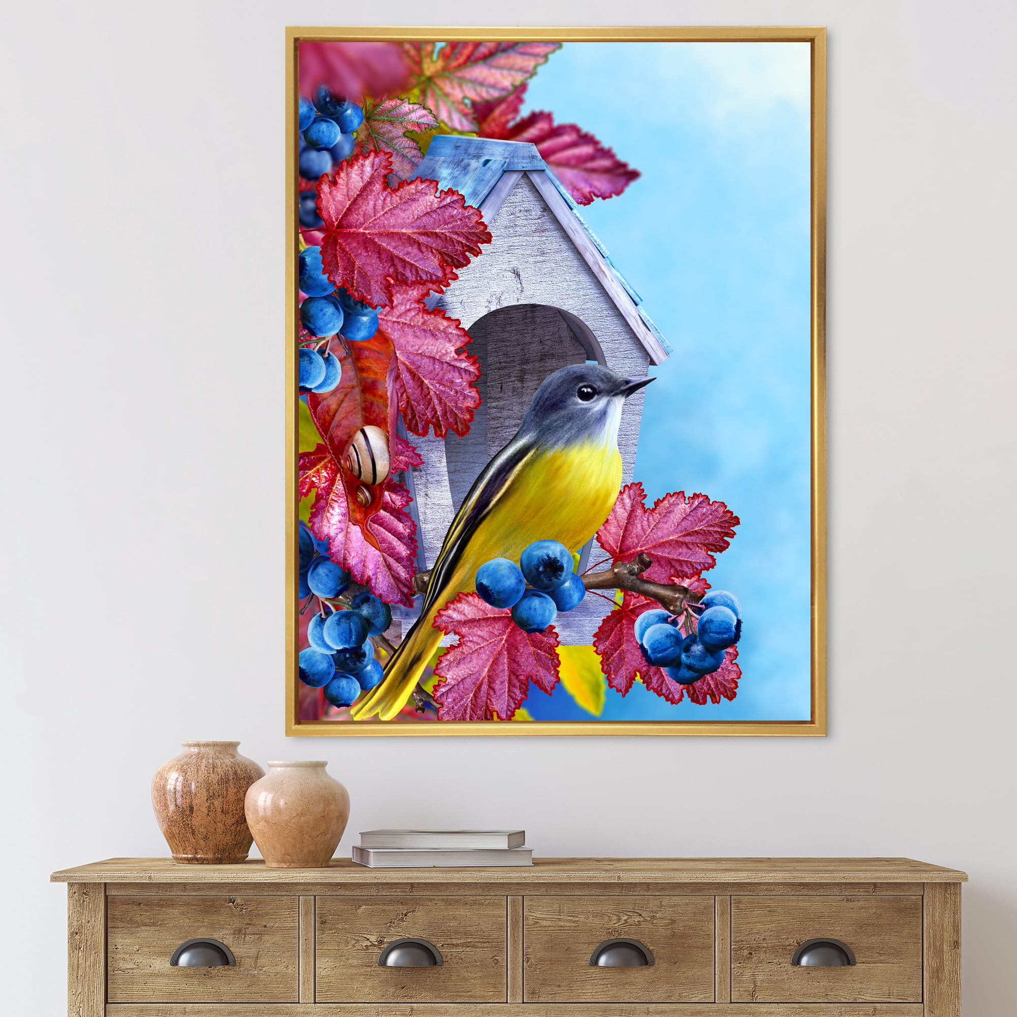 Designart 'Titmouse Bird Sitting On A Berries Branch Near A Birdhouse' Traditional Framed Canvas Wall Art Print