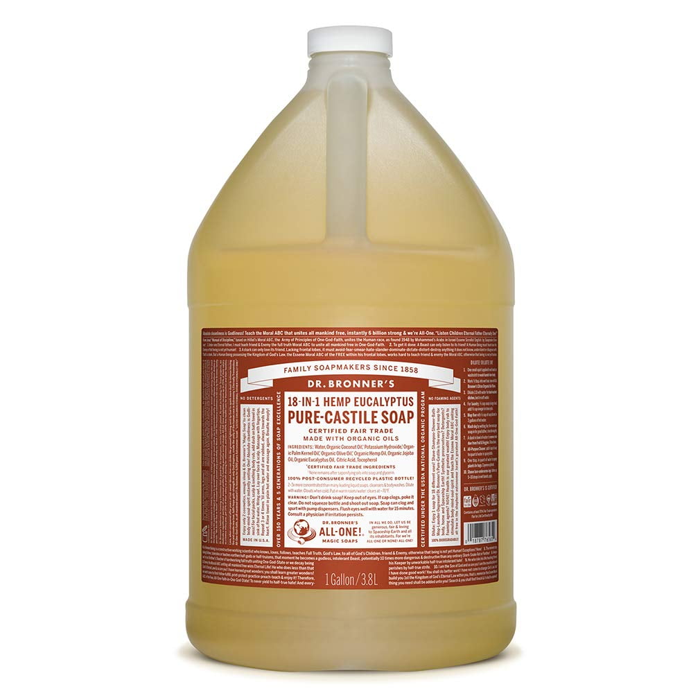 Dr. Bronner's - Pure-Castile Liquid Soap (Eucalyptus, 1 Gallon) - Made with  Organic Oils, 18-in-1 Uses: Face, Body, Hair, Laundry, Pets and Dishes,  Concentrated, Vegan, Non-GMO 