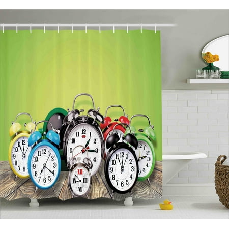 Clock Decor Shower Curtain A Group Of Alarm Clocks On The Wooden Clock Decor Shower Curtain A Group Of Alarm Clocks On The Wooden Ground Digital Print