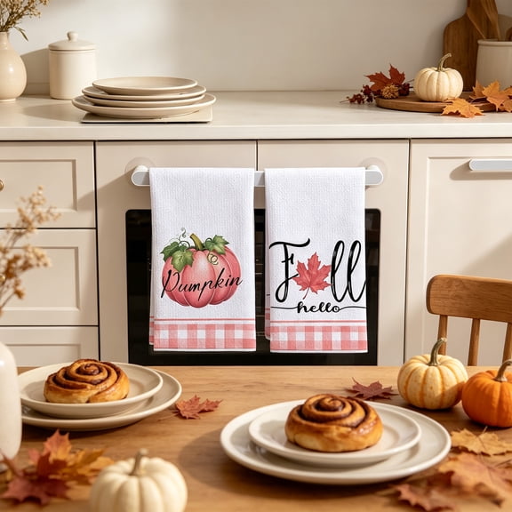 2 Pack Kitchen Dish Towels with Fall Thanksgiving Pumpkin Decorations, Highly Absorbent Waffle Weave Hand Towels for Cooking Baking Home Halloween Decor, 24x16 inch Multicolor Harvest Towels