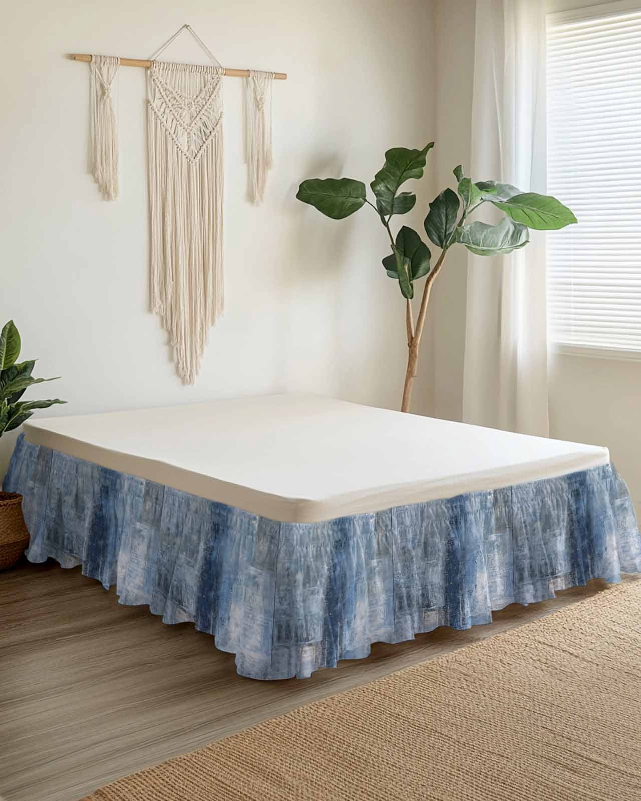 Blue Wrap Around Bed Skirts for King Bed 18" Drop,Bed Skirt with Adjustable Elastic Belt Dust Ruffle Bed Valance for Bedroom Hotel Retro Oil Painting Modern Abstract Art Aesthetics Bed Frame Cover