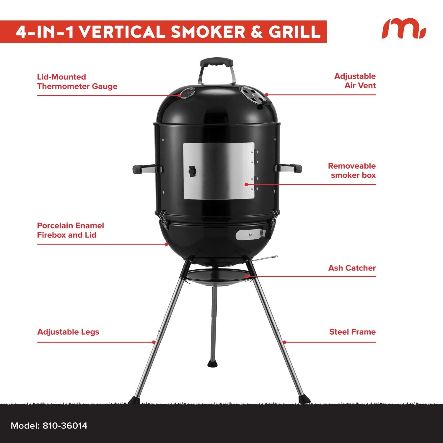 Megamaster Vertical 18 Inch Charcoal BBQ Smoker, 4-in-1 Portable Outdoor Grill with Adjustable Air Vent, 600 SQ. In Cooking Area, Built-in Temperature Gauge, BBQ Grill for Camping, Picnics - 810-3601