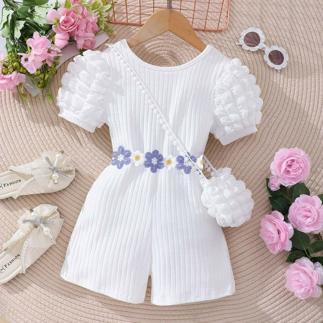 Small And Medium-sized Girls' Sleeve Ribbed Back Body Jumpsuit With Bag