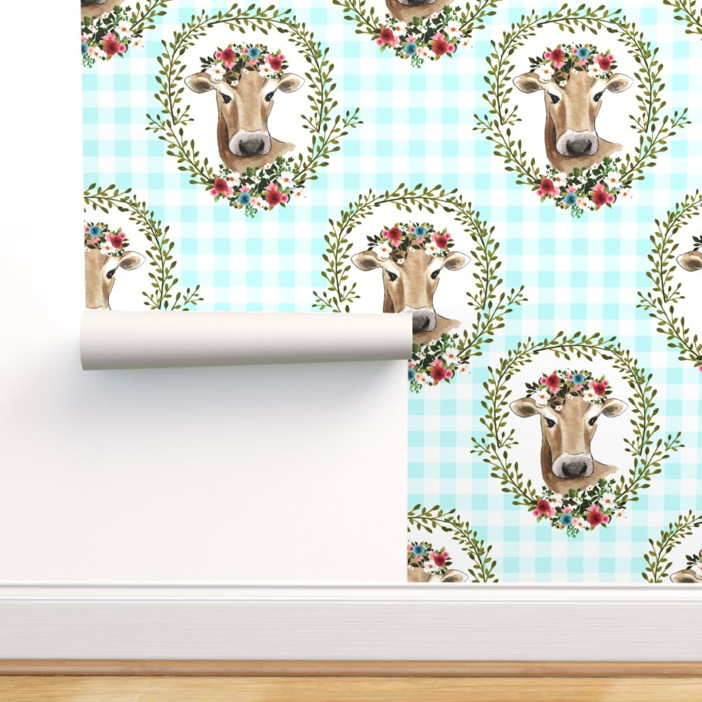 Removable Wallpaper Swatch - Floral Cow Blue Gingham Country Cows