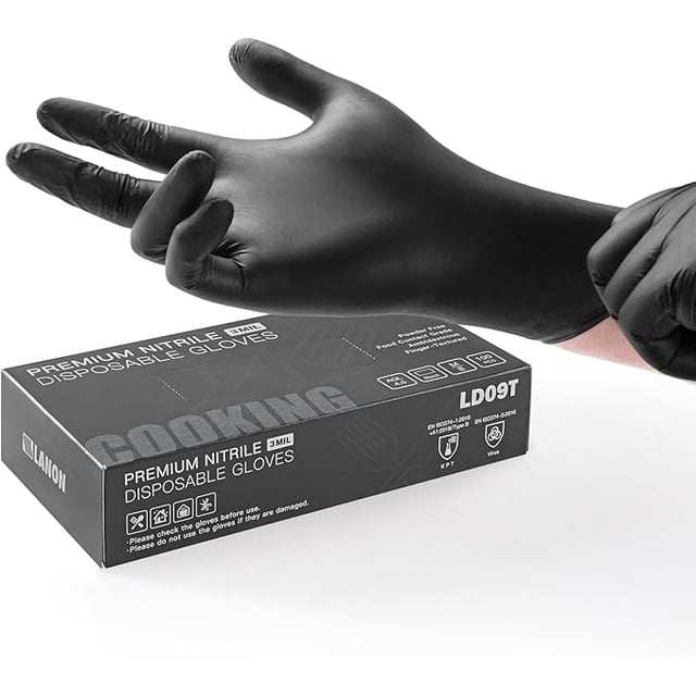 LANON Food Safe Disposable Black Nitrile Gloves, Latex-Free, Powder-Free, Silicone-Free, Textured Fingertips, Cooking, Large