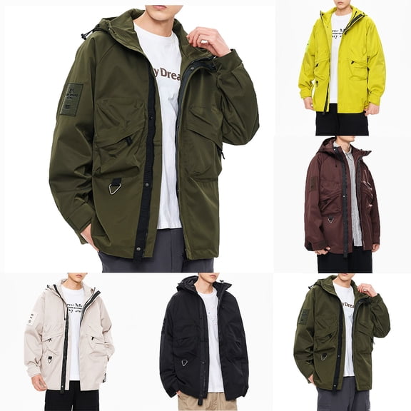 Windbreaker Jackets for Men Cargo Hooded Outdoor Jacket Water Resistant Hiking Casual Coat with Multi Pocket Olive Green M