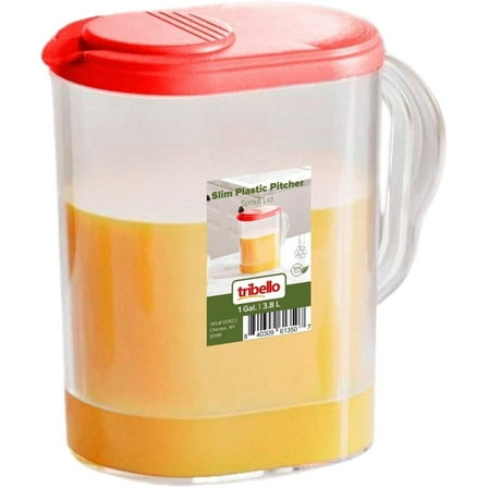 Tribello Pitcher with Lid 1 Gallon, Slim Clear Plastic Water Pitcher with Pivot-top Spout Lids, Iced Tea Pitcher for Fridge,  BPA-Free - Red