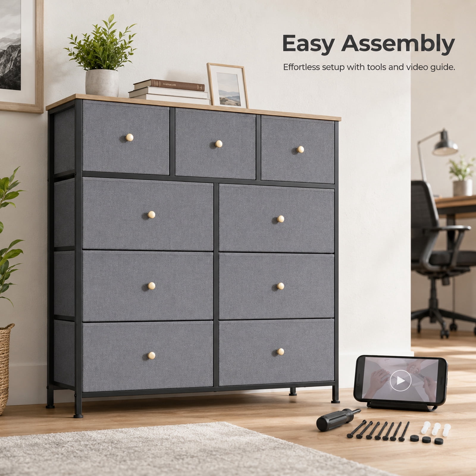 Alvantor 8/9 Drawer Fabric Dresser, Storage Tower for Bedroom and Closet, Chest of Drawers with Sturdy Steel Frame & Wooden Top for Living Room, Entryway